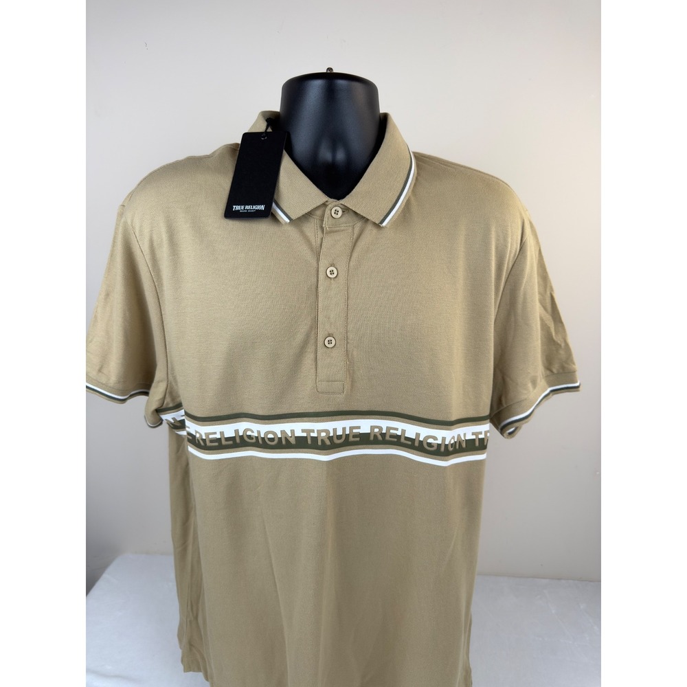 True Religion Mens Stripe HD Relaxed Polo Travertine Tan Logo Shirt 700421 New